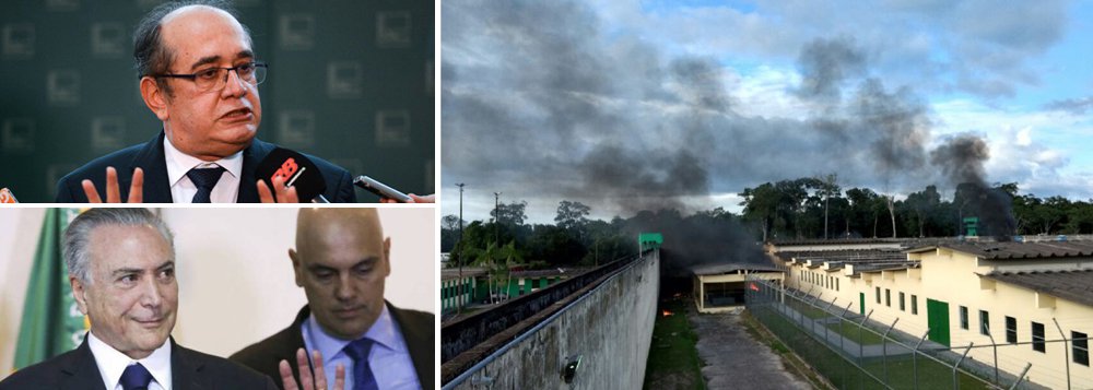 Ministro do Supremo Tribunal Federal (STF) Gilmar Mendes criticou as medidas anunciadas por Michel Temer e pelo ministro da Justiça, Alexandre de Moraes, anunciadas três depois do massacre que resultou na morte de 60 detentos em presídios do Amazonas; "A questão não se resolve agora com construção de presídios. É óbvio (...). É evidente que tem que se construir presídios e tem que melhorar a situação dos presídios atuais. Mas tem que ter ação imediata nesses presídios que estão por aí", disse; plano de segurança tem como principal medida o anúncio da liberação de R$ 430 milhões para a construção de novos presídios e reforço da segurança das unidades já existentes; nesta sexta-feira (6), um novo massacre, desta vez no maior presidio de Roraima, resultou na morte de pelo menos 33 pessoas (Foto: Paulo Emílio) Ministro do Supremo Tribunal Federal (STF) Gilmar Mendes criticou as medidas anunciadas por Michel Temer e pelo ministro da Justiça, Alexandre de Moraes, anunciadas três depois do massacre que resultou na morte de 60 detentos em presídios do Amazonas; "A questão não se resolve agora com construção de presídios. É óbvio (...). É evidente que tem que se construir presídios e tem que melhorar a situação dos presídios atuais. Mas tem que ter ação imediata nesses presídios que estão por aí", disse; plano de segurança tem como principal medida o anúncio da liberação de R$ 430 milhões para a construção de novos presídios e reforço da segurança das unidades já existentes; nesta sexta-feira (6), um novo massacre, desta vez no maior presidio de Roraima, resultou na morte de pelo menos 33 pessoas
