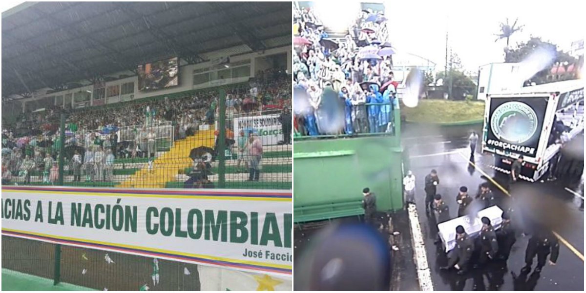 A forte chuva que cai em Chapecó neste sábado (3) não espantou o público que aguardou desde cedo a chegada dos corpos das vítimas do acidente aéreo na Colômbia com o time da Chapecoense; os corpos chegaram por volta das 12h25 ao estádio, depois de um cortejo que percorreu as ruas da cidade; as arquibancadas estão lotadas de torcedores que, emocionados, se abrigam debaixo de capas e guarda-chuvas (Foto: Valter Lima) A forte chuva que cai em Chapecó neste sábado (3) não espantou o público que aguardou desde cedo a chegada dos corpos das vítimas do acidente aéreo na Colômbia com o time da Chapecoense; os corpos chegaram por volta das 12h25 ao estádio, depois de um cortejo que percorreu as ruas da cidade; as arquibancadas estão lotadas de torcedores que, emocionados, se abrigam debaixo de capas e guarda-chuvas