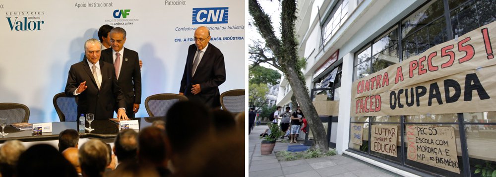 "Hoje, ao invés do argumento moral, intelectual, verbal, usa-se o argumento físico. Vai e ocupa não sei o quê, bota pneu velho, queima, para o trânsito", disse Michel Temer, ironizando as ocupações dos estudantes e outros protestos contra a PEC 55, que congela os gastos públicos por 20 anos; ele também insinuou que a população não sabe sobre o que está protestando; "As pessoas não leem o texto. Não estou dizendo os que ocupam ou não ocupam. Mas em geral"; segundo ele, críticas contra o governo são "ladainha" (Foto: Paulo Emílio) "Hoje, ao invés do argumento moral, intelectual, verbal, usa-se o argumento físico. Vai e ocupa não sei o quê, bota pneu velho, queima, para o trânsito", disse Michel Temer, ironizando as ocupações dos estudantes e outros protestos contra a PEC 55, que congela os gastos públicos por 20 anos; ele também insinuou que a população não sabe sobre o que está protestando; "As pessoas não leem o texto. Não estou dizendo os que ocupam ou não ocupam. Mas em geral"; segundo ele, críticas contra o governo são "ladainha"