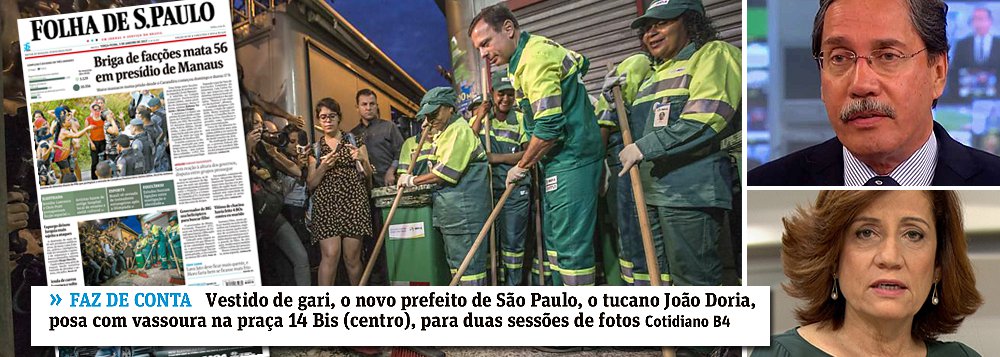 O "gari" João Doria pretendia abafar em sua estreia como prefeito de São Paulo, mas o factoide da varrição de ruas já varridas foi um fiasco absoluto; o tucano apanhou na primeira página da Folha, que ironizou seu "faz de conta", e no Globo, onde Merval Pereira e Miriam Leitão o criticaram; "Confesso que votei em Doria com boa dose de expectativa. Agora, vê-lo acompanhado de acólitos vestidos de garis limpando as ruas de São Paulo me decepcionou enormemente. Esse tipo de manifestação, ridiculamente populista, não tem nada a ver com administrar a cidade", disse o eleitor Antonio Pedro da Silva Neto; alguém precisa dizer a Doria que administrar São Paulo não é um reality show (Foto: Leonardo Attuch) O "gari" João Doria pretendia abafar em sua estreia como prefeito de São Paulo, mas o factoide da varrição de ruas já varridas foi um fiasco absoluto; o tucano apanhou na primeira página da Folha, que ironizou seu "faz de conta", e no Globo, onde Merval Pereira e Miriam Leitão o criticaram; "Confesso que votei em Doria com boa dose de expectativa. Agora, vê-lo acompanhado de acólitos vestidos de garis limpando as ruas de São Paulo me decepcionou enormemente. Esse tipo de manifestação, ridiculamente populista, não tem nada a ver com administrar a cidade", disse o eleitor Antonio Pedro da Silva Neto; alguém precisa dizer a Doria que administrar São Paulo não é um reality show