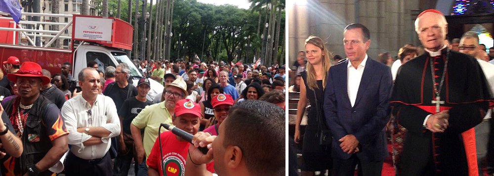 No primeiro aniversário da cidade de São Paulo sob sua gestão, o prefeito João Doria (PSDB) enfrentou vaias de manifestantes que o aguardavam na Praça da Sé, diante da Catedral, onde é realizado o tradicional ato ecumênico em homenagem à cidade, que completa 463 anos; convocado pela Central dos Movimentos Populares (CMP), esta primeira manifestação dirigida diretamente contra a gestão Doria, reúne 3 mil pessoas entre integrantes de coletivos de luta por moradia, do movimento de mulheres, das periferias e em defesa dos moradores de rua (Foto: Aquiles Lins) No primeiro aniversário da cidade de São Paulo sob sua gestão, o prefeito João Doria (PSDB) enfrentou vaias de manifestantes que o aguardavam na Praça da Sé, diante da Catedral, onde é realizado o tradicional ato ecumênico em homenagem à cidade, que completa 463 anos; convocado pela Central dos Movimentos Populares (CMP), esta primeira manifestação dirigida diretamente contra a gestão Doria, reúne 3 mil pessoas entre integrantes de coletivos de luta por moradia, do movimento de mulheres, das periferias e em defesa dos moradores de rua
