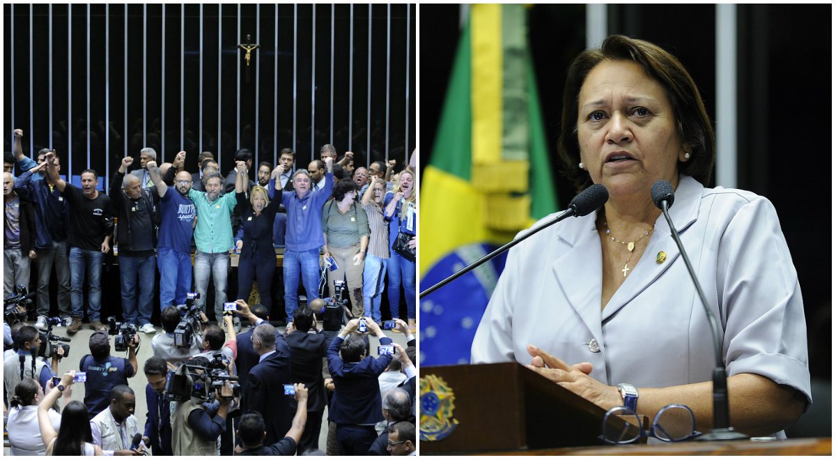 Para a senadora Fátima Bezerra (PT-RN), tudo indica que a Polícia Legislativa vem recebendo orientações para tratar de forma diferente representantes dos movimentos sociais de esquerda e de grupos conservadores e de direita; "Na semana passada, até spray de pimenta foi jogado nos estudantes. Hoje, um grupo de pessoas que não se identificaram entrou na Comissão de Educação unicamente com o objetivo de tumultuar e agora estão fazendo a mesma coisa na Câmara dos Deputados", comparou (Foto: Gisele Federicce) Para a senadora Fátima Bezerra (PT-RN), tudo indica que a Polícia Legislativa vem recebendo orientações para tratar de forma diferente representantes dos movimentos sociais de esquerda e de grupos conservadores e de direita; "Na semana passada, até spray de pimenta foi jogado nos estudantes. Hoje, um grupo de pessoas que não se identificaram entrou na Comissão de Educação unicamente com o objetivo de tumultuar e agora estão fazendo a mesma coisa na Câmara dos Deputados", comparou