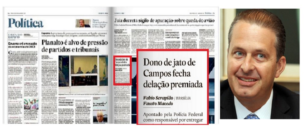 "A imagem do Estadão de hoje, no alto do post, mostra bem o equilíbrio da imprensa brasileira. A Polícia Federal, finalmente, terminou o relatório sobre os “donos” do avião que caiu em Santos, matando Eduardo Campos, candidato, com Marina Silva, à presidência da República. Vale uma pequena notinha, nada mais. O relatório da PF, disponível no site do Estadão, mostra claramente como a trinca fazia fluir as propinas pagas ao governo de Pernambuco pela OAS e pela Camargo Corrêa", diz o blog Tijolaço (Foto: José Barbacena) "A imagem do Estadão de hoje, no alto do post, mostra bem o equilíbrio da imprensa brasileira. A Polícia Federal, finalmente, terminou o relatório sobre os “donos” do avião que caiu em Santos, matando Eduardo Campos, candidato, com Marina Silva, à presidência da República. Vale uma pequena notinha, nada mais. O relatório da PF, disponível no site do Estadão, mostra claramente como a trinca fazia fluir as propinas pagas ao governo de Pernambuco pela OAS e pela Camargo Corrêa", diz o blog Tijolaço