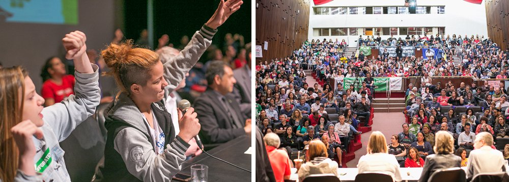 “Essa PEC afeta as crianças, os jovens, as futuras gerações que terão de contar com um serviço público ainda mais precário. Como uma reforma do Ensino Médio? O nome disso é sucateamento da educação pública. A crise educacional no Brasil não é uma crise, é um projeto. Como se isso não bastasse, temos um PL 867, que visa exterminar o pensamento crítico. Isso é inadmissível, intolerável, nós somos o futuro desse país”, disse a estudante Manuela Ribeiro, de 15 anos. “Contamos ainda com um presidente que, além de golpista, desmoraliza a juventude e diz que ela nem sabe porque está lutando. Nós sabemos o porquê de estarmos aqui, ele que não sabe o que é voto" (Foto: Leonardo Attuch) “Essa PEC afeta as crianças, os jovens, as futuras gerações que terão de contar com um serviço público ainda mais precário. Como uma reforma do Ensino Médio? O nome disso é sucateamento da educação pública. A crise educacional no Brasil não é uma crise, é um projeto. Como se isso não bastasse, temos um PL 867, que visa exterminar o pensamento crítico. Isso é inadmissível, intolerável, nós somos o futuro desse país”, disse a estudante Manuela Ribeiro, de 15 anos. “Contamos ainda com um presidente que, além de golpista, desmoraliza a juventude e diz que ela nem sabe porque está lutando. Nós sabemos o porquê de estarmos aqui, ele que não sabe o que é voto"