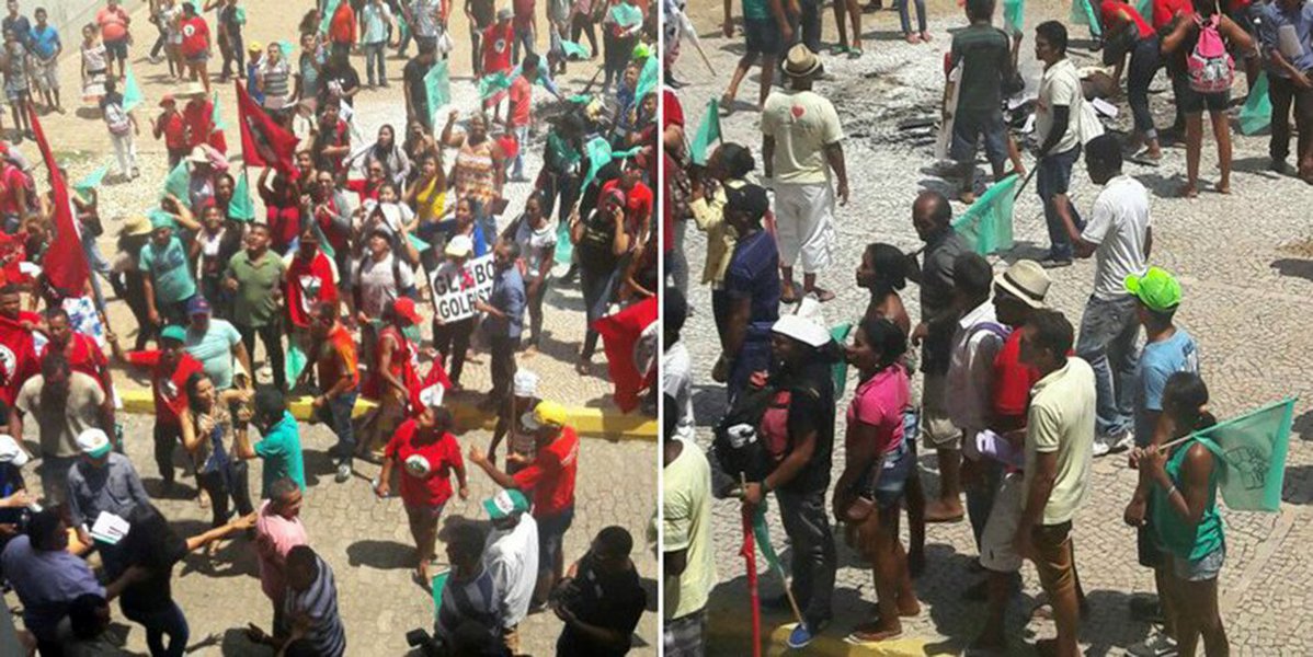 Um grupo de manifestantes, com bandeiras do Movimento dos Sem Terra, tentou invadir a Assembleia Legislativa em protesto contra a PEC dos Gastos, contra o golpe e a Rede Globo; depois de queimar caixões, cartazes e madeira no pátio externo em frente ao Palácio Petrôno Portela, os manifestantes tentaram invadir o prédio, mas foram contidos por policiais militares que fazem a guarda do Legislativo (Foto: Leonardo Lucena) Um grupo de manifestantes, com bandeiras do Movimento dos Sem Terra, tentou invadir a Assembleia Legislativa em protesto contra a PEC dos Gastos, contra o golpe e a Rede Globo; depois de queimar caixões, cartazes e madeira no pátio externo em frente ao Palácio Petrôno Portela, os manifestantes tentaram invadir o prédio, mas foram contidos por policiais militares que fazem a guarda do Legislativo