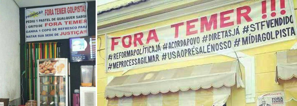 Uma pastelaria em Belo Horizonte está fazendo uma promoção diferente: 'Faça um pedido e grite #ForaTemer, e ganhe 1 copo de refresco pra matar sua sede de justiça!', diz o enunciado da promoção (Foto: Romulo Faro) Uma pastelaria em Belo Horizonte está fazendo uma promoção diferente: 'Faça um pedido e grite #ForaTemer, e ganhe 1 copo de refresco pra matar sua sede de justiça!', diz o enunciado da promoção