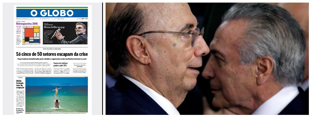 Manchete do jornal O Globo desta sexta-feira aponta o desastre produzido no Brasil pelo golpe de 2016, que começou a ser construído um ano antes, com amplo apoio dos meios de comunicação; neste ano, período em que a gestão econômica de Temer e Meirelles levou o País a uma sucessão de resultados negativos generalizados, apenas 5 entre 50 segmentos de indústria, comércio e serviços tiveram resultado positivo em produção ou vendas; entre os que escaparam da recessão estão o setor de celulose, beneficiado pelo dólar alto; depressão econômica provocada pelo impeachment já derrubou a economia brasileira em mais de 10% (Foto: Giuliana Miranda) Manchete do jornal O Globo desta sexta-feira aponta o desastre produzido no Brasil pelo golpe de 2016, que começou a ser construído um ano antes, com amplo apoio dos meios de comunicação; neste ano, período em que a gestão econômica de Temer e Meirelles levou o País a uma sucessão de resultados negativos generalizados, apenas 5 entre 50 segmentos de indústria, comércio e serviços tiveram resultado positivo em produção ou vendas; entre os que escaparam da recessão estão o setor de celulose, beneficiado pelo dólar alto; depressão econômica provocada pelo impeachment já derrubou a economia brasileira em mais de 10%