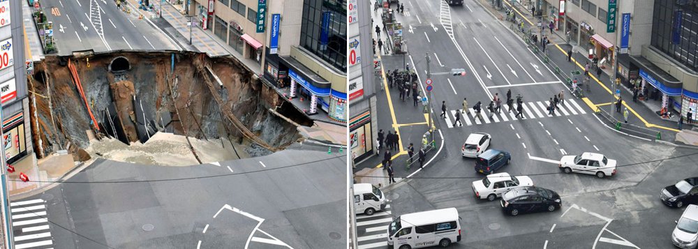 Buraco de 30 metros de largura, que se abriu em uma avenida de Fukuoka, foi consertado em apenas dois dias; nas redes sociais, usuários lembraram do caso da cratera da linha 4-Amarela do Metrô de São Paulo ou do estádio do Maracanã, aberto para a realização da cerimônia das Paralimpíadas (Foto: Gisele Federicce) Buraco de 30 metros de largura, que se abriu em uma avenida de Fukuoka, foi consertado em apenas dois dias; nas redes sociais, usuários lembraram do caso da cratera da linha 4-Amarela do Metrô de São Paulo ou do estádio do Maracanã, aberto para a realização da cerimônia das Paralimpíadas
