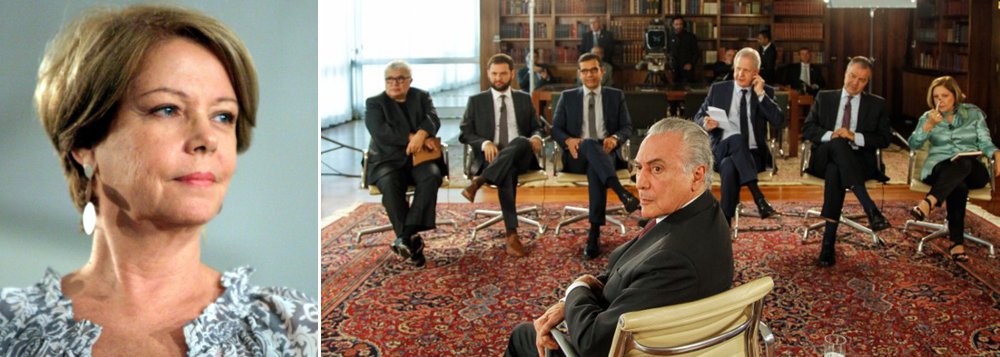 Jornalista Fernando Brito cobra Eliane Cantanhêde, que nos bastidores da entrevista ao Roda Viva, revelou que "de romance o presidente entende"... "Conta, Cantanhêde, porque até agora o único amor duradouro que se conhecia dele era ao poder, que ele namorava de soslaio"; "Os outros foram fugazes e interesseiros: do último deles, Eduardo Cunha, só quis a herança suntuosa do Palácio e o pobre abandonado, agora, vive a amargura da sarjeta gradeada de Curitiba", completa Brito; confira o vídeo com a declaração de Eliane (Foto: Gisele Federicce) Jornalista Fernando Brito cobra Eliane Cantanhêde, que nos bastidores da entrevista ao Roda Viva, revelou que "de romance o presidente entende"... "Conta, Cantanhêde, porque até agora o único amor duradouro que se conhecia dele era ao poder, que ele namorava de soslaio"; "Os outros foram fugazes e interesseiros: do último deles, Eduardo Cunha, só quis a herança suntuosa do Palácio e o pobre abandonado, agora, vive a amargura da sarjeta gradeada de Curitiba", completa Brito; confira o vídeo com a declaração de Eliane