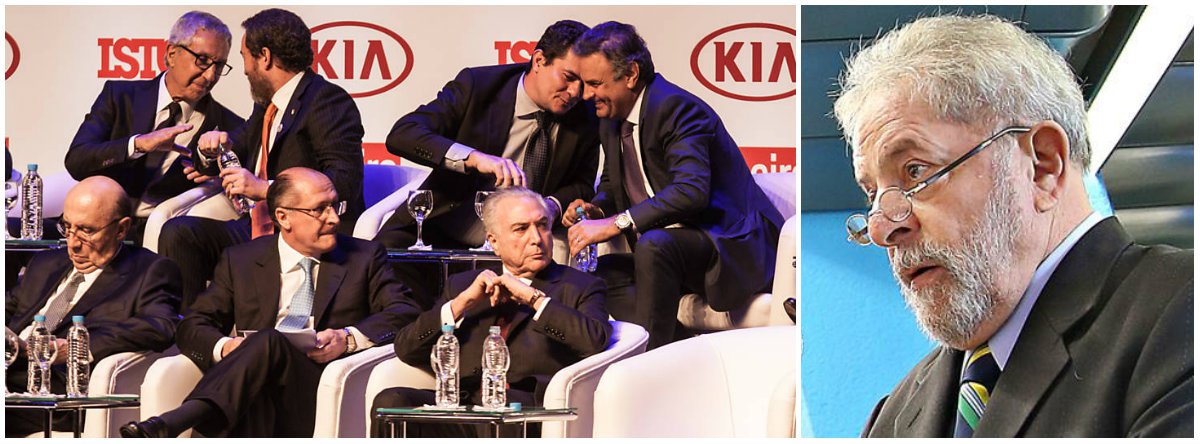 Advogados do ex-presidente levam à Justiça registros de que o juiz Sérgio Moro, da Lava Jato, esteve nessa semana em dois eventos em que aparece em momentos íntimos e de confraternização com políticos do PSDB; em Mato Grosso, governado por Pedro Taques, o magistrado chegou a elogiar um deputado tucano em seu discurso; na noite de ontem, Moro se deixou fotografar em intimidade e dando risadas com o senador Aécio Neves (PSDB-MG), político mais delatado na Lava Jato, e o ministro José Serra, acusado de ter recebido R$ 23 milhões em propina da Odebrecht; as fotos geraram indignação na internet; confira a íntegra da petição apresentada pela defesa de Lula (Foto: Gisele Federicce) Advogados do ex-presidente levam à Justiça registros de que o juiz Sérgio Moro, da Lava Jato, esteve nessa semana em dois eventos em que aparece em momentos íntimos e de confraternização com políticos do PSDB; em Mato Grosso, governado por Pedro Taques, o magistrado chegou a elogiar um deputado tucano em seu discurso; na noite de ontem, Moro se deixou fotografar em intimidade e dando risadas com o senador Aécio Neves (PSDB-MG), político mais delatado na Lava Jato, e o ministro José Serra, acusado de ter recebido R$ 23 milhões em propina da Odebrecht; as fotos geraram indignação na internet; confira a íntegra da petição apresentada pela defesa de Lula