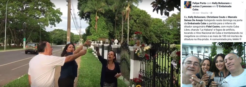 Felipe Porto, militante do MBL, postou numa rede social fotografia em que aparecem ele, Kelly Bolsonaro, Cristiane Couto e Marcelo Seixas de Araujo brindando à morte de Fidel na porta da Embaixada. Seu texto diz: “Eu, Kelly Bolsonaro, Criatiane Couto e Marcelo Seixas de Araujo festejando, neste domingo, na porta da Embaixada de Cuba a partida para o inferno do ditador sanguinário Fidel Castro, com muita Cuba Libre, charuto “La Habana” e fogos de artifício, tocando o Hino Nacional de Cuba e trombeteando no microfone os crimes e as mais de 100 mil mortes da ditadura na ilha-prisão. A comunistada pira, kkkk...”; texto de Tereza Cruvinel (Foto: Tereza Cruvinel) Felipe Porto, militante do MBL, postou numa rede social fotografia em que aparecem ele, Kelly Bolsonaro, Cristiane Couto e Marcelo Seixas de Araujo brindando à morte de Fidel na porta da Embaixada. Seu texto diz: “Eu, Kelly Bolsonaro, Criatiane Couto e Marcelo Seixas de Araujo festejando, neste domingo, na porta da Embaixada de Cuba a partida para o inferno do ditador sanguinário Fidel Castro, com muita Cuba Libre, charuto “La Habana” e fogos de artifício, tocando o Hino Nacional de Cuba e trombeteando no microfone os crimes e as mais de 100 mil mortes da ditadura na ilha-prisão. A comunistada pira, kkkk...”; texto de Tereza Cruvinel
