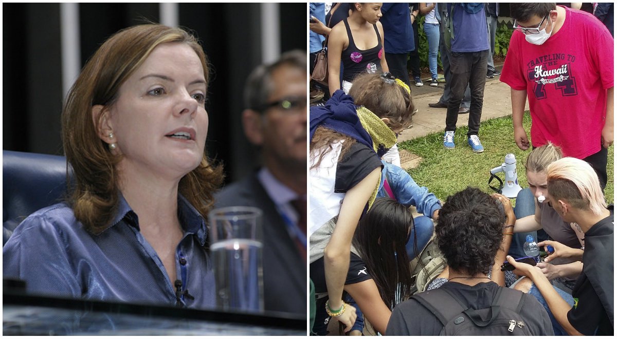 "Estudantes querem debater a PEC. Querem ser ouvidos. Querem participar e defender seus direitos. É lamentável que sejam recepcionados desta maneira. O estado de exceção casa vez mais evidente. Inadmissível!", criticou a senadora Gleisi Hoffmann (PT-PR) (Foto: Gisele Federicce) "Estudantes querem debater a PEC. Querem ser ouvidos. Querem participar e defender seus direitos. É lamentável que sejam recepcionados desta maneira. O estado de exceção casa vez mais evidente. Inadmissível!", criticou a senadora Gleisi Hoffmann (PT-PR)