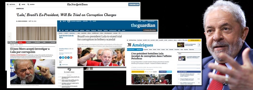 O britânico The Guardian afirmou que "o palco está montado para o julgamento mais carregado politicamente na história moderna do Brasil" ao noticiar a decisão do juiz Sérgio Moro de aceitar a denúncia do Ministério Público contra o ex-presidente; o New York Times, jornal mais influente do mundo, diz que a decisão ocorre "em meio a um debate nacional sobre se os promotores estão ultrapassando seus esforços para prendê-lo"; o argentino Clarín apontou "assombrosa rapidez" de Moro e o francês Le Monde disse que o magistrado aceitou as acusações "disposto a enfrentar a controvérsia de uma acusação fundada sob indícios frágeis, que pode gerar inquietação em muitos brasileiros" (Foto: Gisele Federicce) O britânico The Guardian afirmou que "o palco está montado para o julgamento mais carregado politicamente na história moderna do Brasil" ao noticiar a decisão do juiz Sérgio Moro de aceitar a denúncia do Ministério Público contra o ex-presidente; o New York Times, jornal mais influente do mundo, diz que a decisão ocorre "em meio a um debate nacional sobre se os promotores estão ultrapassando seus esforços para prendê-lo"; o argentino Clarín apontou "assombrosa rapidez" de Moro e o francês Le Monde disse que o magistrado aceitou as acusações "disposto a enfrentar a controvérsia de uma acusação fundada sob indícios frágeis, que pode gerar inquietação em muitos brasileiros"