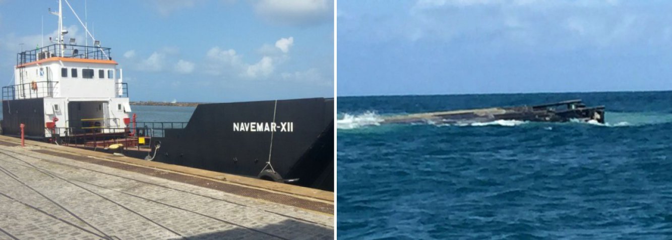 O navio de carga Navemar XII, que naufragou após deixar o porto do Recife e seguia para Fernando de Noronha, sábado (12), pode estar próximo da costa da capital pernambucana; ele transportava material de construção para reformas, material da Administração do Distrito e um carro da PF; os seis tripulantes foram resgatados com vida; a Marinha vai abrir inquérito para investigar as causas e responsabilidades (Foto: Voney Malta) O navio de carga Navemar XII, que naufragou após deixar o porto do Recife e seguia para Fernando de Noronha, sábado (12), pode estar próximo da costa da capital pernambucana; ele transportava material de construção para reformas, material da Administração do Distrito e um carro da PF; os seis tripulantes foram resgatados com vida; a Marinha vai abrir inquérito para investigar as causas e responsabilidades