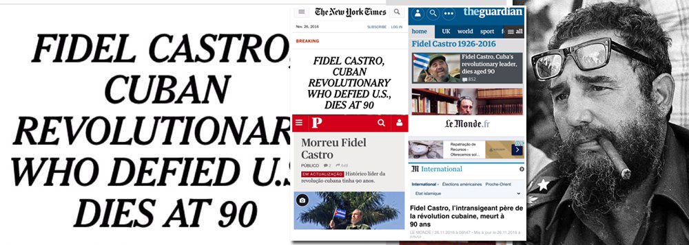 Morte do líder cubano Fidel Castro, aos 90 anos, na madrugada deste sábado, 26, foi destacada nos principais jornais do mundo; grande jornais como o americano New York Times, o britânico The Guardian, o francês Le Monde ou o português Público reconheceram as conquistas dos líder cubano, tratando-o como "Pai da Revolução Cubana", ou "Revolucionário que desafiou os EUA" ou "Histórico Líder da Revolução Cubana"; já o principal jornal brasileiro, Folha de S. Paulo, preferiu uma pequenez histórica, ao chamar Fidel Castro de "ditador" (Foto: Aquiles Lins) Morte do líder cubano Fidel Castro, aos 90 anos, na madrugada deste sábado, 26, foi destacada nos principais jornais do mundo; grande jornais como o americano New York Times, o britânico The Guardian, o francês Le Monde ou o português Público reconheceram as conquistas dos líder cubano, tratando-o como "Pai da Revolução Cubana", ou "Revolucionário que desafiou os EUA" ou "Histórico Líder da Revolução Cubana"; já o principal jornal brasileiro, Folha de S. Paulo, preferiu uma pequenez histórica, ao chamar Fidel Castro de "ditador"
