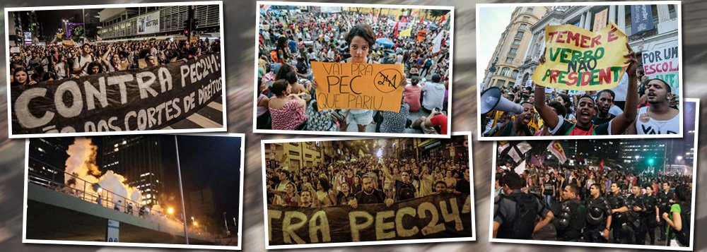 Um grande ato aconteceu na Avenida Paulista, em São Paulo, com estimativa de 20 mil pessoas, e outro na Cinelândia, no Rio de Janeiro, contra a PEC 241, que congelará os gastos públicos por 20 anos, na noite desta segunda-feira 17; no Rio, bombas de gás foram detonadas quando o ato passou na Avenida Chile; segundo a polícia, manifestantes mascarados jogaram fogos no Batalhão de Choque da PM; outro protesto contra a medida polêmica proposta pelo governo Temer lota as ruas de Belo Horizonte (Foto: Gisele Federicce) Um grande ato aconteceu na Avenida Paulista, em São Paulo, com estimativa de 20 mil pessoas, e outro na Cinelândia, no Rio de Janeiro, contra a PEC 241, que congelará os gastos públicos por 20 anos, na noite desta segunda-feira 17; no Rio, bombas de gás foram detonadas quando o ato passou na Avenida Chile; segundo a polícia, manifestantes mascarados jogaram fogos no Batalhão de Choque da PM; outro protesto contra a medida polêmica proposta pelo governo Temer lota as ruas de Belo Horizonte