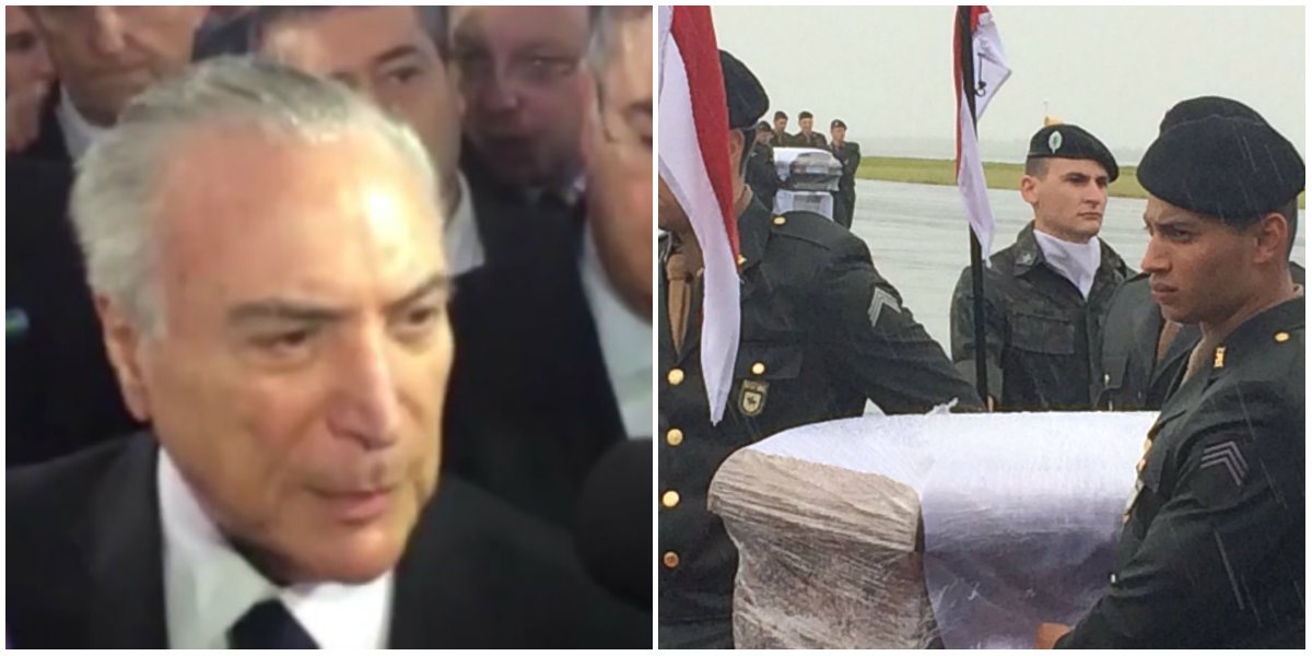O presidente Michel Temer, que participa, neste sábado (3), da cerimônia de homenagens às vítimas da queda de avião da Chapecoense, afirmou que "foi um trágico acontecimento que abalou o país, abalou o mundo"; "Quando vejo essa chuva que está caindo aqui acho que é São Pedro chorando pela mortes desses jogadores", declarou; Temer decidiu ir ao velório coletivo na Arena Condá (Foto: Valter Lima) O presidente Michel Temer, que participa, neste sábado (3), da cerimônia de homenagens às vítimas da queda de avião da Chapecoense, afirmou que "foi um trágico acontecimento que abalou o país, abalou o mundo"; "Quando vejo essa chuva que está caindo aqui acho que é São Pedro chorando pela mortes desses jogadores", declarou; Temer decidiu ir ao velório coletivo na Arena Condá
