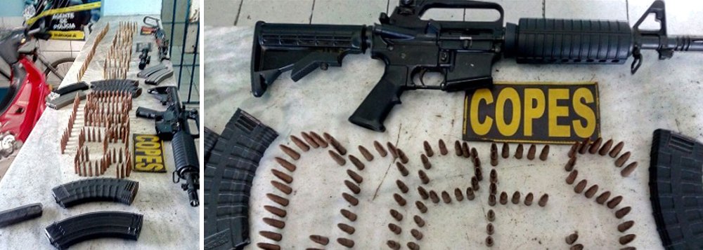 Forças de segurança de Alagoas apreenderam, no Sertão, uma grande quantidade de armas, uma delas - um AR-15 modelo 556 - com poder de fogo de derrubar uma aeronave e muita munição; arsenal foi encontrado próximo ao fórum de Delmiro Gouveia (Foto: Voney Malta) Forças de segurança de Alagoas apreenderam, no Sertão, uma grande quantidade de armas, uma delas - um AR-15 modelo 556 - com poder de fogo de derrubar uma aeronave e muita munição; arsenal foi encontrado próximo ao fórum de Delmiro Gouveia