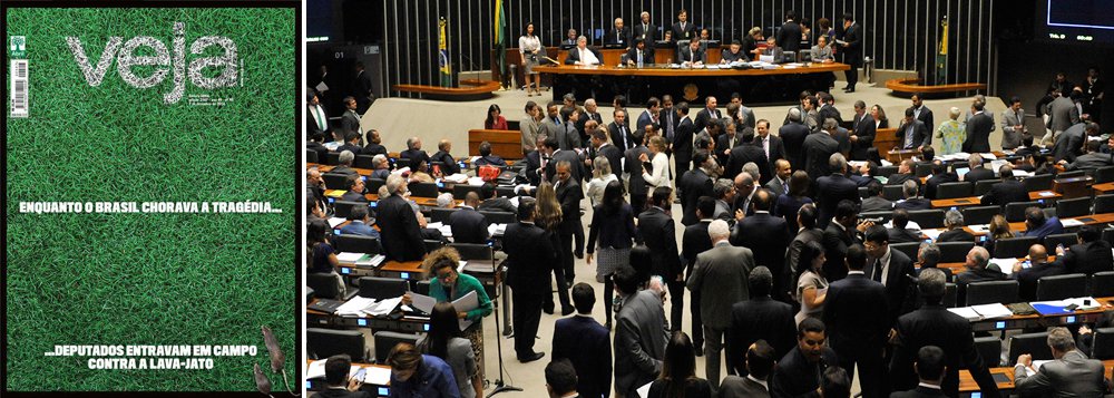 A nova edição da revista Veja, que chega às bancas neste final de semana, fala da manobra da maioria dos deputados federais brasileiros para barrar a continuidade da operação Lava Jato; "Enquanto o Brasil chorava a tragédia... deputados entraram em campo contra a Lava-Jato", diz a capa da publicação; para a Veja, o pacote anticorrupção, proposto pelo Ministério Público Federal, se tornou na Câmara em uma "maçaroca disforme que protege suspeitos de corrupção e amarra as mãos de quem quer pegá-los"; a revista ainda questiona a data escolhida para a votação da proposta, justamente no dia em que um acidente aéreo matou 71 pessoas, entre elas todo o time de futebol do Chapecoense, tragédia que comoveu o país (Foto: Valter Lima) A nova edição da revista Veja, que chega às bancas neste final de semana, fala da manobra da maioria dos deputados federais brasileiros para barrar a continuidade da operação Lava Jato; "Enquanto o Brasil chorava a tragédia... deputados entraram em campo contra a Lava-Jato", diz a capa da publicação; para a Veja, o pacote anticorrupção, proposto pelo Ministério Público Federal, se tornou na Câmara em uma "maçaroca disforme que protege suspeitos de corrupção e amarra as mãos de quem quer pegá-los"; a revista ainda questiona a data escolhida para a votação da proposta, justamente no dia em que um acidente aéreo matou 71 pessoas, entre elas todo o time de futebol do Chapecoense, tragédia que comoveu o país