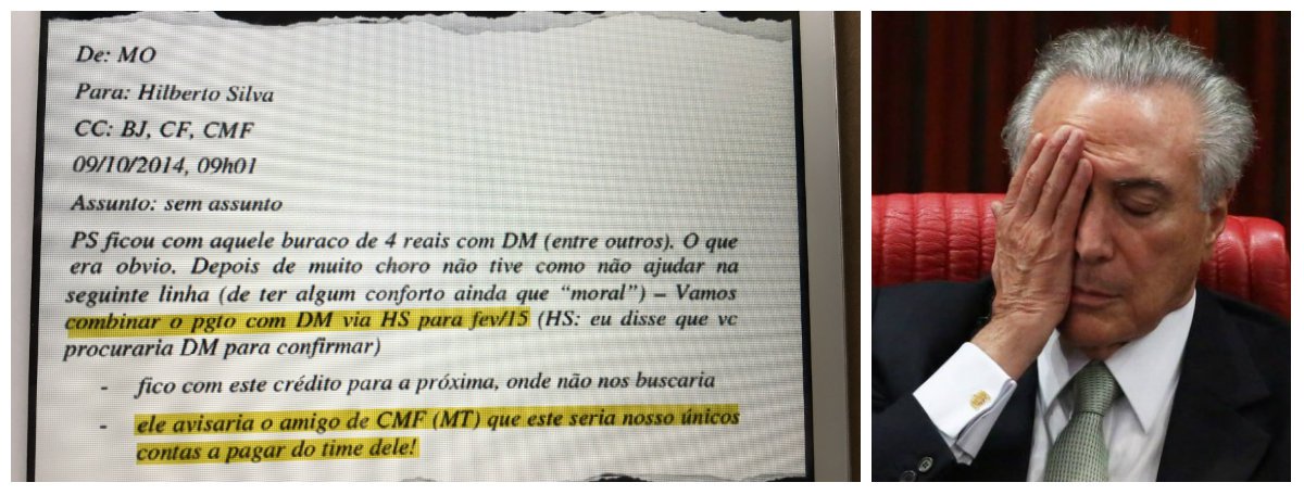 Em sua delação premiada, Claudio Melo Filho, ex-diretor da Odebrecht em Brasília, apresentou um email de Marcelo Odebrecht (MO) para comprovar que os R$ 10 milhões pedidos por Michel Temer à empreiteira no Jaburu foram propina; na mensagem, Marcelo diz ter feito o pagamento a MT (Michel Temer) depois de "muito choro" e afirmou que este seria o último pagamento ao time dele; os recursos foram divididos com Eliseu Padilha, chefe da Casa Civil, José Yunes, amigo e parceiro de Temer, e também Eduardo Cunha, que, nas perguntas que tentou enviar a Temer, mas que foram barradas por Sergio Moro, o questionou sobre essa doação; Claudio Melo Filho também disse que o PMDB era chamado de PMDBrecht; em nota, Temer afirmou que o delator mente, mas o caminho mais sensato que lhe resta é a renúncia (Foto: Leonardo Attuch) www.brasil247.com - Em sua delação premiada, Claudio Melo Filho, ex-diretor da Odebrecht em Brasília, apresentou um email de Marcelo Odebrecht (MO) para comprovar que os R$ 10 milhões pedidos por Michel Temer à empreiteira no Jaburu foram propina; na mensagem, Marcelo diz ter feito o pagamento a MT (Michel Temer) depois de "muito choro" e afirmou que este seria o último pagamento ao time dele; os recursos foram divididos com Eliseu Padilha, chefe da Casa Civil, José Yunes, amigo e parceiro de Temer, e também Eduardo Cunha, que, nas perguntas que tentou enviar a Temer, mas que foram barradas por Sergio Moro, o questionou sobre essa doação; Claudio Melo Filho também disse que o PMDB era chamado de PMDBrecht; em nota, Temer afirmou que o delator mente, mas o caminho mais sensato que lhe resta é a renúncia