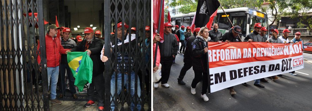 Aos gritos de “Temer, golpista, aqui tem resistência, é a Frente Gaúcha, defendendo a Previdência”, os cerca de 80 trabalhadores e aposentados que ficaram sete dias acampados no edifício Cristaleira, na Rua Jerônimo Coelho, onde funciona a Gerência Regional do INSS, no centro de Porto Alegre, desocuparam o prédio; a saída ocorreu durante ato realizado pelas centrais sindicais, que reuniu centenas de participantes; “Vamos dar uma grande salva de palmas para esses trabalhadores, que são verdadeiros guerreiros da resistência contra o desmonte da Previdência promovido pelo golpista Michel Temer”, disse o presidente da CUT-RS, Claudir Nespolo (Foto: Leonardo Lucena) Aos gritos de “Temer, golpista, aqui tem resistência, é a Frente Gaúcha, defendendo a Previdência”, os cerca de 80 trabalhadores e aposentados que ficaram sete dias acampados no edifício Cristaleira, na Rua Jerônimo Coelho, onde funciona a Gerência Regional do INSS, no centro de Porto Alegre, desocuparam o prédio; a saída ocorreu durante ato realizado pelas centrais sindicais, que reuniu centenas de participantes; “Vamos dar uma grande salva de palmas para esses trabalhadores, que são verdadeiros guerreiros da resistência contra o desmonte da Previdência promovido pelo golpista Michel Temer”, disse o presidente da CUT-RS, Claudir Nespolo