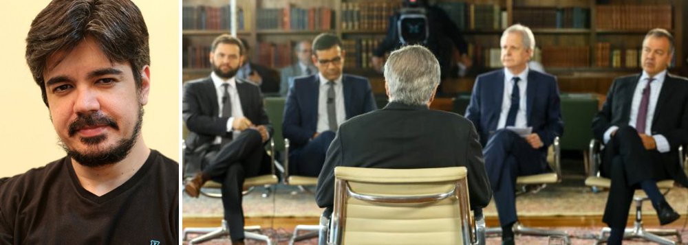 Ao comentar a entrevista de Michel Temer no Roda Viva, o escritor e crítico de cinema Pablo Villaça disse que "os 'jornalistas' (haja aspas pro Brasil de hoje) preferiram fazer perguntas adolescentes que seriam bem mais apropriadas em uma matéria de Caras"; a pergunta sobre Marcela Temer, diz ele, teve como propósito único "o de tentar 'humanizá-lo'. E quem faz isso não é jornalista, é um Relações-Públicas" (Foto: Gisele Federicce) Ao comentar a entrevista de Michel Temer no Roda Viva, o escritor e crítico de cinema Pablo Villaça disse que "os 'jornalistas' (haja aspas pro Brasil de hoje) preferiram fazer perguntas adolescentes que seriam bem mais apropriadas em uma matéria de Caras"; a pergunta sobre Marcela Temer, diz ele, teve como propósito único "o de tentar 'humanizá-lo'. E quem faz isso não é jornalista, é um Relações-Públicas"