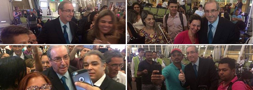 Apesar de ter sido chamado de "ladrão" e "safado" no aeroporto de Brasília nesta quinta-feira 15, o ex-deputado Eduardo Cunha, cassado e réu por corrupção, também foi tietado pelos passageiros, que pediram para tirar selfies; um grupo gritava o nome de Cunha e "Fora, PT" para o principal articulador do golpe contra Dilma Rousseff; Cunha foi cassado depois de ter sido denunciado por vários crimes, mas ainda tem admiradores (Foto: Gisele Federicce) Apesar de ter sido chamado de "ladrão" e "safado" no aeroporto de Brasília nesta quinta-feira 15, o ex-deputado Eduardo Cunha, cassado e réu por corrupção, também foi tietado pelos passageiros, que pediram para tirar selfies; um grupo gritava o nome de Cunha e "Fora, PT" para o principal articulador do golpe contra Dilma Rousseff; Cunha foi cassado depois de ter sido denunciado por vários crimes, mas ainda tem admiradores
