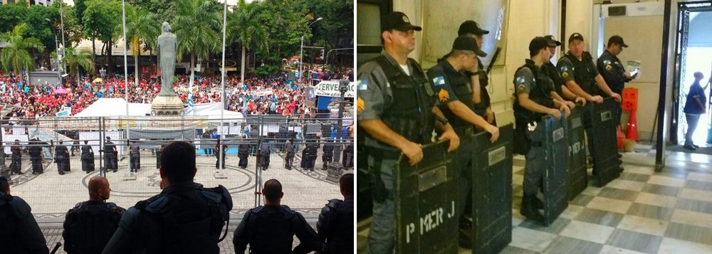 No primeiro dia de votação do pacote de medidas de austeridade contra a crise, que pode afetar diretamente os servidores públicos, manifestantes se reuniram e derrubaram as grades da Assembleia Legislativa do Rio de Janeiro; o governador do Rio, Luiz Fernando Pezão (PMDB), havia proposto a elevação para até 30% de contribuição dos servidores à Previdência, mas segundo o RJTV, teria desistido do projeto; também será votada a proposta de redução de salário do governador e de secretários estaduais (Foto: Gisele Federicce) No primeiro dia de votação do pacote de medidas de austeridade contra a crise, que pode afetar diretamente os servidores públicos, manifestantes se reuniram e derrubaram as grades da Assembleia Legislativa do Rio de Janeiro; o governador do Rio, Luiz Fernando Pezão (PMDB), havia proposto a elevação para até 30% de contribuição dos servidores à Previdência, mas segundo o RJTV, teria desistido do projeto; também será votada a proposta de redução de salário do governador e de secretários estaduais