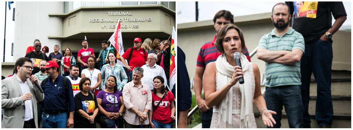 Juízes e advogados do trabalho se reuniram a sindicalistas em ato realizado diante da sede do Tribunal Regional do Trabalho (TRT) da 4ª Região, em Porto Alegre, em manifestação contra a terceirização, que está em debate no Senado Federal e já teve projeto aprovado na Câmara dos Deputados; caso também será decidido pelo STF (Foto: Paulo Emílio) Juízes e advogados do trabalho se reuniram a sindicalistas em ato realizado diante da sede do Tribunal Regional do Trabalho (TRT) da 4ª Região, em Porto Alegre, em manifestação contra a terceirização, que está em debate no Senado Federal e já teve projeto aprovado na Câmara dos Deputados; caso também será decidido pelo STF