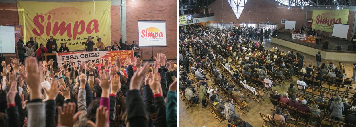 Os servidores municipais de Porto Alegre decidiram rejeitar as três propostas apresentadas pelo vice-prefeito, Sebastião Melo (PMDB), e manter a greve da categoria, iniciada há nove dias; em uma das propostas, o executivo manteve o pagamento da primeira parcela em maio, de 1%, e o restante, 8,2%, em dezembro de 2016; as outras duas ofertas mantinham as quatro parcelas e uma delas para o ano que vem, porém alterou os percentuais de pagamento nos meses previstos; em uma assembleia tensa, realizada na Casa do Gaúcho, no Parque Harmonia, grupos favoráveis e contrários à manutenção da paralisação trocaram farpas em diversos momentos, com acusações de que alguns servidores estariam utilizando a greve como palanque eleitoral (Foto: Leonardo Lucena) Os servidores municipais de Porto Alegre decidiram rejeitar as três propostas apresentadas pelo vice-prefeito, Sebastião Melo (PMDB), e manter a greve da categoria, iniciada há nove dias; em uma das propostas, o executivo manteve o pagamento da primeira parcela em maio, de 1%, e o restante, 8,2%, em dezembro de 2016; as outras duas ofertas mantinham as quatro parcelas e uma delas para o ano que vem, porém alterou os percentuais de pagamento nos meses previstos; em uma assembleia tensa, realizada na Casa do Gaúcho, no Parque Harmonia, grupos favoráveis e contrários à manutenção da paralisação trocaram farpas em diversos momentos, com acusações de que alguns servidores estariam utilizando a greve como palanque eleitoral