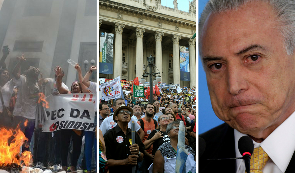 A consistência e o potencial de mobilização dos protestos contra o pacote de austeridade no Rio de Janeiro —que já têm a possibilidade real de fazer o governador Luiz Antônio Pezão (PMDB) recuar diante da pressão popular— deixam o Planalto em alerta; o governo julga que os protestos no Rio têm o risco real de se espalhar pelo Brasil, uma vez que o país vive um momento de insatisfação geral; como forma de tentar evitar a disseminação dos atos, Michel Temer orientou sua equipe econômica a encontrar medidas para aliviar o caixa não só do Rio, mas também de outros Estados (Foto: Giuliana Miranda) A consistência e o potencial de mobilização dos protestos contra o pacote de austeridade no Rio de Janeiro —que já têm a possibilidade real de fazer o governador Luiz Antônio Pezão (PMDB) recuar diante da pressão popular— deixam o Planalto em alerta; o governo julga que os protestos no Rio têm o risco real de se espalhar pelo Brasil, uma vez que o país vive um momento de insatisfação geral; como forma de tentar evitar a disseminação dos atos, Michel Temer orientou sua equipe econômica a encontrar medidas para aliviar o caixa não só do Rio, mas também de outros Estados