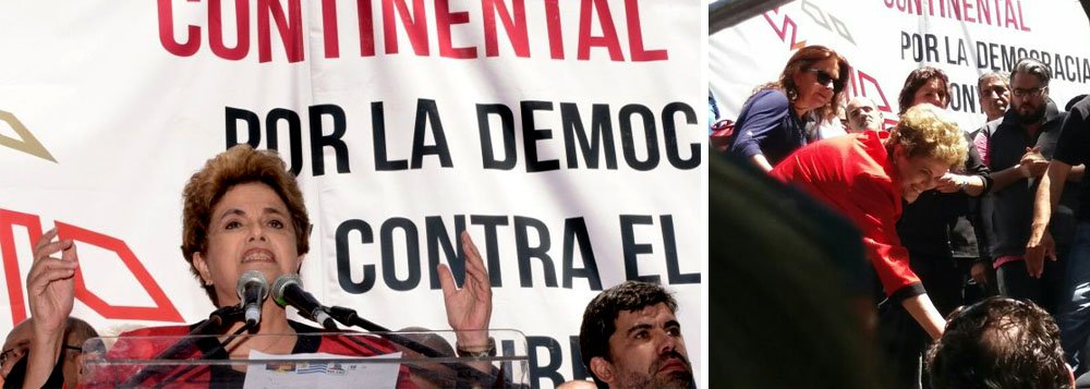 Ex-presidente Dilma Rousseff criticou nesta sexta-feira, 4, durante evento em Montevidéu, o que considera um processo que visa "reverter" as conquistas sociais no continente latino-americano; "Querem reverter todas as conquistas sociais. Me preocupa muito que este seja um processo que tenha uma característica continental", afirmou, em discurso na "Jornada Continental pela Democracia e contra o Neoliberalismo", organizado por centrais sindicais uruguaias; Dilma disse que há pessoas que querem "continuar com a mais perversa desigualdade" e defendeu os governos de esquerda da região; "Na América Latina, houve ganhos dos trabalhadores mais pobres, apesar de isso não ter acabado com a desigualdade"; presidente vítima de um golpe parlamentar será declarada cidadã ilustre de Montevidéu (Foto: Aquiles Lins) Ex-presidente Dilma Rousseff criticou nesta sexta-feira, 4, durante evento em Montevidéu, o que considera um processo que visa "reverter" as conquistas sociais no continente latino-americano; "Querem reverter todas as conquistas sociais. Me preocupa muito que este seja um processo que tenha uma característica continental", afirmou, em discurso na "Jornada Continental pela Democracia e contra o Neoliberalismo", organizado por centrais sindicais uruguaias; Dilma disse que há pessoas que querem "continuar com a mais perversa desigualdade" e defendeu os governos de esquerda da região; "Na América Latina, houve ganhos dos trabalhadores mais pobres, apesar de isso não ter acabado com a desigualdade"; presidente vítima de um golpe parlamentar será declarada cidadã ilustre de Montevidéu