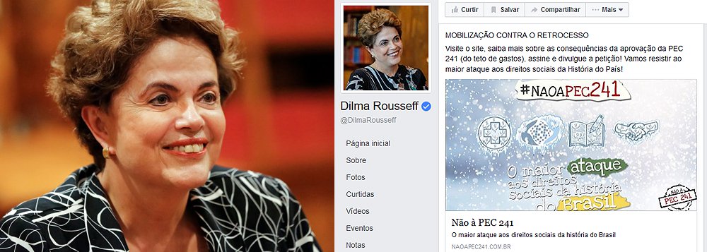 Ex-presidente tem convocado seguidores nas redes sociais a assinarem petição contra a PEC 241, aprovada ontem pela Câmara dos Deputados, e que congela os gastos públicos por 20 anos; "Visite o site, saiba mais sobre as consequências da aprovação da PEC 241 (do teto de gastos), assine e divulgue a petição! Vamos resistir ao maior ataque aos direitos sociais da História do País!", postou em seu Facebook, ao divulgar página contrária à emenda (Foto: Gisele Federicce) Ex-presidente tem convocado seguidores nas redes sociais a assinarem petição contra a PEC 241, aprovada ontem pela Câmara dos Deputados, e que congela os gastos públicos por 20 anos; "Visite o site, saiba mais sobre as consequências da aprovação da PEC 241 (do teto de gastos), assine e divulgue a petição! Vamos resistir ao maior ataque aos direitos sociais da História do País!", postou em seu Facebook, ao divulgar página contrária à emenda