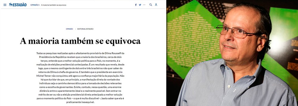 Depois da desmoralização do Datafolha e da divulgação de levantamentos de opinião pública, como o do Paraná Pesquisa, que revelam que 62% dos brasileiros querem novas eleições, o jornal Estado de S. Paulo ultrapassou todos os limites do golpismo, no editorial "A maioria também se equivoca"; segundo o jornal comandado por Francisco Mesquita, Temer não conquistou a confiança da população, mas mesmo assim deve continuar – talvez porque seja este o desejo da família Mesquita; ou seja: que seja feita a vontade da minoria (Foto: Leonardo Attuch) Depois da desmoralização do Datafolha e da divulgação de levantamentos de opinião pública, como o do Paraná Pesquisa, que revelam que 62% dos brasileiros querem novas eleições, o jornal Estado de S. Paulo ultrapassou todos os limites do golpismo, no editorial "A maioria também se equivoca"; segundo o jornal comandado por Francisco Mesquita, Temer não conquistou a confiança da população, mas mesmo assim deve continuar – talvez porque seja este o desejo da família Mesquita; ou seja: que seja feita a vontade da minoria