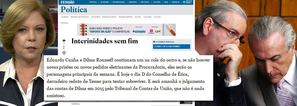 “É hoje o dia D do Conselho de Ética, derradeiro reduto de Temer para tentar sobreviver”, diz a colunista Eliane Cantenhêde, ao confundir a sobrevivência do deputado afastado Eduardo Cunha com a do presidente interino Michel Temer; no fundo, ela tem razão (Foto: Roberta Namour) “É hoje o dia D do Conselho de Ética, derradeiro reduto de Temer para tentar sobreviver”, diz a colunista Eliane Cantenhêde, ao confundir a sobrevivência do deputado afastado Eduardo Cunha com a do presidente interino Michel Temer; no fundo, ela tem razão