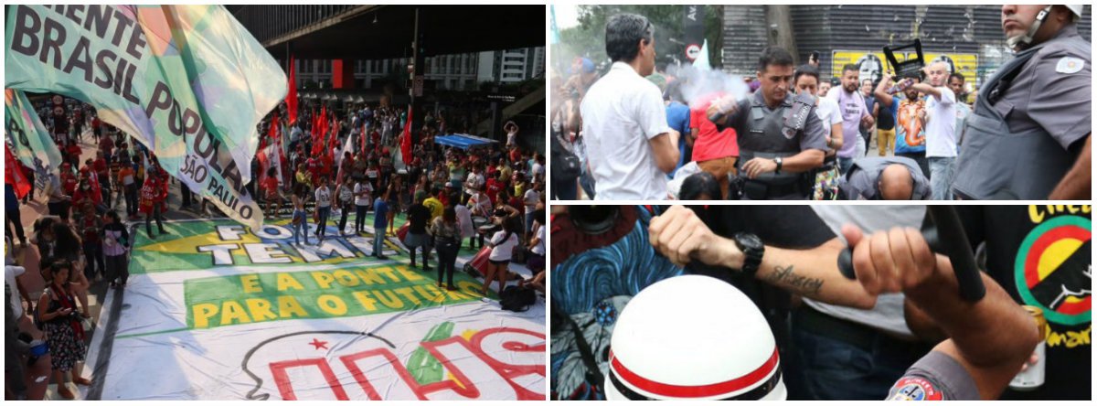 O protesto ocorre na Avenida Paulista e é organizado pelas frentes Povo Sem Medo e Brasil Popular, que reúne movimentos como MST e MTST, além de centrais sindicais como a Intersindical e a CUT; "Esta é uma nova onda, um levante popular pós-impeachment. Todo mundo achava que o pessoal ia para casa, consumado o golpe. Mas nada disso", afirmou Raimundo Bonfim, coordenador-geral da Central dos Movimentos Populares; mais uma vez, houve truculência dos policias, que utilizaram bombas de gás lacrimogêneo e spray de pimenta contra participantes do protesto e fotógrafos da imprensa (Foto: Leonardo Lucena) O protesto ocorre na Avenida Paulista e é organizado pelas frentes Povo Sem Medo e Brasil Popular, que reúne movimentos como MST e MTST, além de centrais sindicais como a Intersindical e a CUT; "Esta é uma nova onda, um levante popular pós-impeachment. Todo mundo achava que o pessoal ia para casa, consumado o golpe. Mas nada disso", afirmou Raimundo Bonfim, coordenador-geral da Central dos Movimentos Populares; mais uma vez, houve truculência dos policias, que utilizaram bombas de gás lacrimogêneo e spray de pimenta contra participantes do protesto e fotógrafos da imprensa