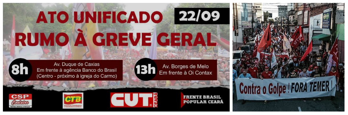 Em todo o Brasil, as principais centrais sindicais e as frentes Brasil Popular e Povo Sem Medo realizam hoje (22), o Dia Nacional de Paralisação e Mobilização". Em Fortaleza, a programação de hoje começou às 8 horas, com um ato na avenida Duque de Caxias, em frente ao Banco do Brasil. No período da tarde, a partir das 13 horas, haverá outra manifestação, na avenida Borges de Melo, em frente à Oi Contax. A programaçào de hoje também prevê uma audiência pública, na Assembleia Legislativa, a partir das 15h, para debater a PEC 241/2016, que limita as despesas primárias da União e deverá prejudicar os serviços púbicos (Foto: Fatima 247) Em todo o Brasil, as principais centrais sindicais e as frentes Brasil Popular e Povo Sem Medo realizam hoje (22), o Dia Nacional de Paralisação e Mobilização". Em Fortaleza, a programação de hoje começou às 8 horas, com um ato na avenida Duque de Caxias, em frente ao Banco do Brasil. No período da tarde, a partir das 13 horas, haverá outra manifestação, na avenida Borges de Melo, em frente à Oi Contax. A programaçào de hoje também prevê uma audiência pública, na Assembleia Legislativa, a partir das 15h, para debater a PEC 241/2016, que limita as despesas primárias da União e deverá prejudicar os serviços púbicos