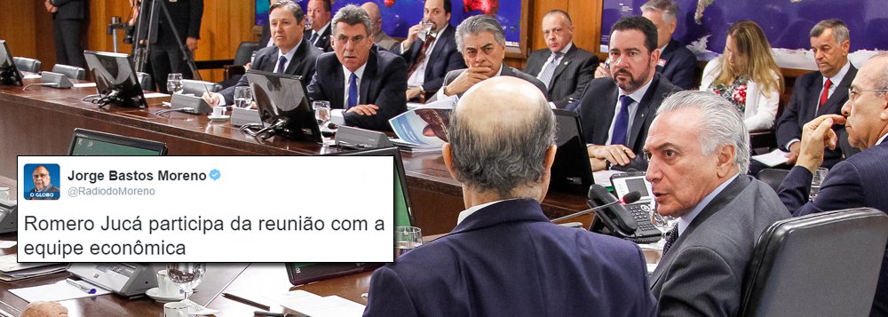 Ex-ministro do Planejamento, primeiro a cair no governo interino, após uma semana e meia de sua nomeação, o senador Romero Jucá (PMDB-RR) participou nesta quarta-feira 22 da reunião com Michel Temer e a equipe econômica no Palácio do Planalto, saindo até em foto oficial divulgada pelo governo, conforme noticia o jornalista Jorge Bastos Moreno; quando anunciou que deixaria o cargo, Jucá bem que afirmou que continuaria a "auxiliar o governo" durante o afastamento; Jucá, que é investigado na Lava Jato e em outro processo no STF, teve conversa gravada pelo ex-presidente da Transpetro Sérgio Machado, em que defende o afastamento da presidente Dilma para "estancar a sangria" da investigação; ele também é acusado pelo delator de ter recebido cerca de R$ 20 milhões em propina (Foto: Ana Pupulin) Ex-ministro do Planejamento, primeiro a cair no governo interino, após uma semana e meia de sua nomeação, o senador Romero Jucá (PMDB-RR) participou nesta quarta-feira 22 da reunião com Michel Temer e a equipe econômica no Palácio do Planalto, saindo até em foto oficial divulgada pelo governo, conforme noticia o jornalista Jorge Bastos Moreno; quando anunciou que deixaria o cargo, Jucá bem que afirmou que continuaria a "auxiliar o governo" durante o afastamento; Jucá, que é investigado na Lava Jato e em outro processo no STF, teve conversa gravada pelo ex-presidente da Transpetro Sérgio Machado, em que defende o afastamento da presidente Dilma para "estancar a sangria" da investigação; ele também é acusado pelo delator de ter recebido cerca de R$ 20 milhões em propina
