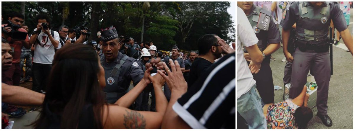 Grupo Jornalistas Livres informou que, enquanto transmitia pelo Facebook o protesto contra Michel Temer na Avenida Paulista, o sargento Freitas tentou arrancar à força o celular da repórter Katia Passos durante a filmagem; "Felizmente ele não conseguiu, mas houve luta corporal com a jornalista", diz o grupo; após a PM deter uma vendedora ambulante, que resistiu e levou spray de pimenta no rosto, o grupo bateu duro na PM-SP: "é uma vergonha"; "Covardes machistas, batem em mulher que vendia cerveja e agridem manifestantes que tentavam defendê-la", disparou; "O Governador Geraldo Alckmin nos deve explicações"; veja o vídeo com a truculência da PM-SP (Foto: Leonardo Lucena) Grupo Jornalistas Livres informou que, enquanto transmitia pelo Facebook o protesto contra Michel Temer na Avenida Paulista, o sargento Freitas tentou arrancar à força o celular da repórter Katia Passos durante a filmagem; "Felizmente ele não conseguiu, mas houve luta corporal com a jornalista", diz o grupo; após a PM deter uma vendedora ambulante, que resistiu e levou spray de pimenta no rosto, o grupo bateu duro na PM-SP: "é uma vergonha"; "Covardes machistas, batem em mulher que vendia cerveja e agridem manifestantes que tentavam defendê-la", disparou; "O Governador Geraldo Alckmin nos deve explicações"; veja o vídeo com a truculência da PM-SP