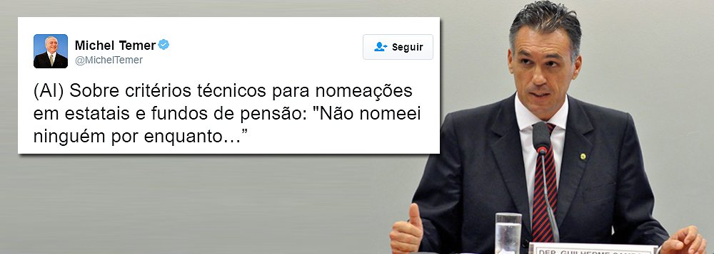 “Sobre critérios técnicos para nomeações em estatais e fundos de pensão: Não nomeei ninguém por enquanto”, disse o presidente interino Michel Temer, em entrevista ao Globonews nesta terça-feira; Temer havia determinado que não faria indicações para estatais até votar projeto; voltou atrás e nomeou Guilherme Campos para presidir Correios; Campos é investigado pela PF por falsificação de assinaturas (Foto: Roberta Namour) “Sobre critérios técnicos para nomeações em estatais e fundos de pensão: Não nomeei ninguém por enquanto”, disse o presidente interino Michel Temer, em entrevista ao Globonews nesta terça-feira; Temer havia determinado que não faria indicações para estatais até votar projeto; voltou atrás e nomeou Guilherme Campos para presidir Correios; Campos é investigado pela PF por falsificação de assinaturas