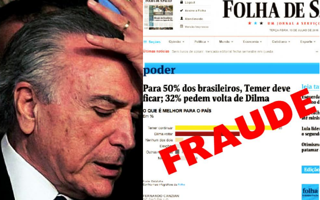 A ousadia do Datafolha ou do Grupo Folha – ou de ambos – provavelmente se deveu à percepção de que a aprovação do impeachment pelo Senado corre risco, do contrário o instituto de pesquisa não cometeria uma fraude tão grosseira quanto divulgar a informação falsa de que só 3% querem novas eleições, entre outras falsidades que transparecem da pesquisa (Foto: Eduardo Guimarães) A ousadia do Datafolha ou do Grupo Folha – ou de ambos – provavelmente se deveu à percepção de que a aprovação do impeachment pelo Senado corre risco, do contrário o instituto de pesquisa não cometeria uma fraude tão grosseira quanto divulgar a informação falsa de que só 3% querem novas eleições, entre outras falsidades que transparecem da pesquisa