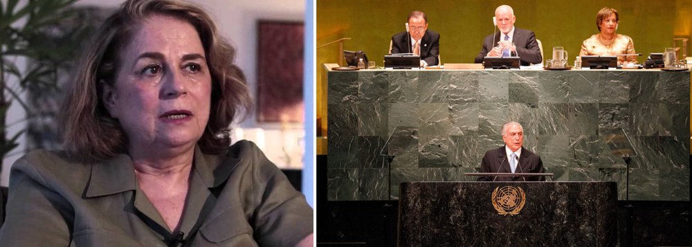 "Papelão da imprensa ignorar. Até na ditadura jornais davam um jeitinho de falar. Agora, dão um jeito para não falar", critica a jornalista Hildegard Angel, sobre o pouco destaque dado pela imprensa à notícia de que delegações de seis países levantaram e deixaram o local da Assembleia Geral das Nações Unidas no momento da fala de Michel Temer (Foto: Gisele Federicce) "Papelão da imprensa ignorar. Até na ditadura jornais davam um jeitinho de falar. Agora, dão um jeito para não falar", critica a jornalista Hildegard Angel, sobre o pouco destaque dado pela imprensa à notícia de que delegações de seis países levantaram e deixaram o local da Assembleia Geral das Nações Unidas no momento da fala de Michel Temer