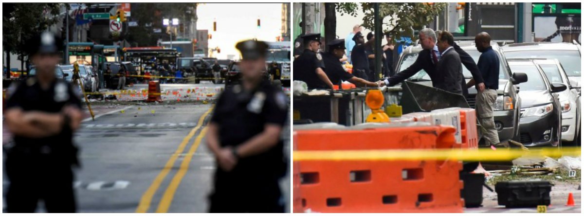 Um homem ligou para o serviço de emergência dos EUA alertando para novas explosões após uma bomba ferir ao menos 29 pessoas no bairro Chelsea, em Nova York; a informação foi publicada no site do jornal New York Post, que citou fontes policiais; “Eu estou olhando para a explosão em baixo da quadra. Haverá mais”, disse o homem, que não se identificou; governador de Nova York, Andrew Cuomo, que visitou o local da explosão (foto, à dir.) afirmou que a a tragédia foi um ato de terrorismo, mas não existe indício de ligações com grupos internacionais; segundo fontes, uma carta escrita à mão, parte em árabe, foi encontrada dentro de um saco plástico que continha o segundo aparato explosivo (Foto: Leonardo Lucena) Um homem ligou para o serviço de emergência dos EUA alertando para novas explosões após uma bomba ferir ao menos 29 pessoas no bairro Chelsea, em Nova York; a informação foi publicada no site do jornal New York Post, que citou fontes policiais; “Eu estou olhando para a explosão em baixo da quadra. Haverá mais”, disse o homem, que não se identificou; governador de Nova York, Andrew Cuomo, que visitou o local da explosão (foto, à dir.) afirmou que a a tragédia foi um ato de terrorismo, mas não existe indício de ligações com grupos internacionais; segundo fontes, uma carta escrita à mão, parte em árabe, foi encontrada dentro de um saco plástico que continha o segundo aparato explosivo