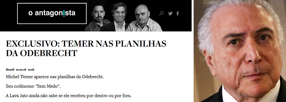 A informação foi publicada pelo site Anatgonista; no fim de semana, a revista Carta Capital revelou que a pressa do governo em votar a PEC 241 poderia estar relacionada com a delação da Odebrecht; nesta segunda-feira, o jornal O Globo ameaçou Temer com a possibilidade de "golpe dentro do golpe", ou seja, o afastamento de Temer e eleições indiretas no próximo ano (Foto: Leonardo Attuch) A informação foi publicada pelo site Anatgonista; no fim de semana, a revista Carta Capital revelou que a pressa do governo em votar a PEC 241 poderia estar relacionada com a delação da Odebrecht; nesta segunda-feira, o jornal O Globo ameaçou Temer com a possibilidade de "golpe dentro do golpe", ou seja, o afastamento de Temer e eleições indiretas no próximo ano