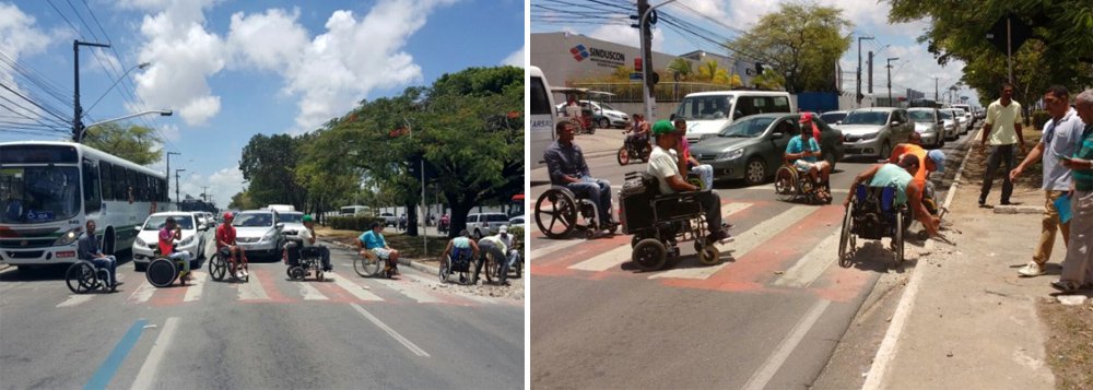 Um grupo de cadeirantes realizou um protesto na Avenida Fernandes Lima, no bairro do Farol, em Maceió; eles quebraram calçadas e se concentraram no meio da pista e de forma alternada, nos sentidos Centro/Tabuleiro e Tabuleiro/Centro, cobrando acessibilidade em diversos locais da capital; os deficientes físicos não fazem parte de nenhuma associação (Foto: Voney Malta) Um grupo de cadeirantes realizou um protesto na Avenida Fernandes Lima, no bairro do Farol, em Maceió; eles quebraram calçadas e se concentraram no meio da pista e de forma alternada, nos sentidos Centro/Tabuleiro e Tabuleiro/Centro, cobrando acessibilidade em diversos locais da capital; os deficientes físicos não fazem parte de nenhuma associação