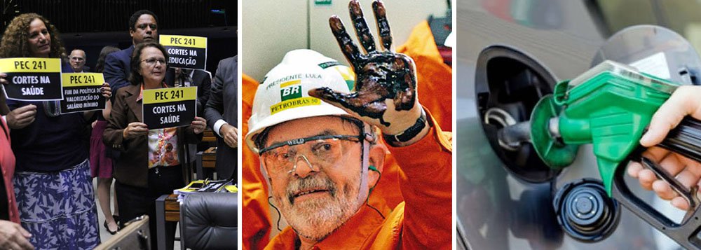 A PEC 241 parece já ter congelado a inteligência do país; no momento em que o governo destrói o futuro na nação ao contingenciar os gastos em educação, saúde e infraestrutura, a imprensa comemora queda de míseros 3% do preço dos combustíveis nas refinarias; quando os governos do PT baixaram medida semelhante em 2003 e 2009, a oposição e a mesma mídia gritaram que era uma medida de populismo que iria quebrar a Petrobras; fez-se pior com Dilma, quando reduziu em 20% o preço da energia, num movimento de alto impacto social e anti-inflacionário; para a mídia, ficamos combinados assim: a gente reduz a gasolina em 3% e vende o pré-sal com deságio de 90% (Foto: Realle Palazzo-Martini) A PEC 241 parece já ter congelado a inteligência do país; no momento em que o governo destrói o futuro na nação ao contingenciar os gastos em educação, saúde e infraestrutura, a imprensa comemora queda de míseros 3% do preço dos combustíveis nas refinarias; quando os governos do PT baixaram medida semelhante em 2003 e 2009, a oposição e a mesma mídia gritaram que era uma medida de populismo que iria quebrar a Petrobras; fez-se pior com Dilma, quando reduziu em 20% o preço da energia, num movimento de alto impacto social e anti-inflacionário; para a mídia, ficamos combinados assim: a gente reduz a gasolina em 3% e vende o pré-sal com deságio de 90%