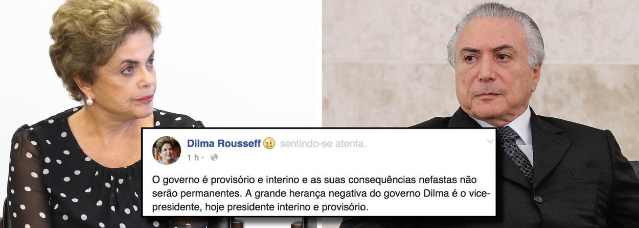Presidente eleita Dilma Rousseff rebate declaração feita pelo interino, Michel Temer, em entrevista nesta sexta-feira 24 à Rádio Estadão; "Olha, eu realmente recebi uma herança um pouco mais complicada, digamos assim, do que aquela que eu imaginava", afirmou Michel Temer, chamando ainda de "desconhecida" a herança recebida; em sua página no Facebook, Dilma respondeu: "O governo é provisório e interino e as suas consequências nefastas não serão permanentes. A grande herança negativa do governo Dilma é o vice-presidente, hoje presidente interino e provisório"; no governo Dilma, o PMDB de Temer tinha sete ministérios (Foto: Gisele Federicce) Presidente eleita Dilma Rousseff rebate declaração feita pelo interino, Michel Temer, em entrevista nesta sexta-feira 24 à Rádio Estadão; "Olha, eu realmente recebi uma herança um pouco mais complicada, digamos assim, do que aquela que eu imaginava", afirmou Michel Temer, chamando ainda de "desconhecida" a herança recebida; em sua página no Facebook, Dilma respondeu: "O governo é provisório e interino e as suas consequências nefastas não serão permanentes. A grande herança negativa do governo Dilma é o vice-presidente, hoje presidente interino e provisório"; no governo Dilma, o PMDB de Temer tinha sete ministérios