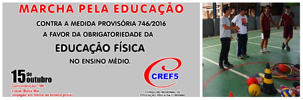 O Conselho Regional de Educação Física da 5a. Região (CREF5) está mobilizando os profissionais da área e a sociedade para um ato publico contra a retirada da obrigatoriedade da disciplina de Educação Física do ensino médio, no Brasil. O ato será realizado amanhã(15), Dia do Professor, a partir das 16 h, na avenida Beira Mar (Foto: Fatima 247) O Conselho Regional de Educação Física da 5a. Região (CREF5) está mobilizando os profissionais da área e a sociedade para um ato publico contra a retirada da obrigatoriedade da disciplina de Educação Física do ensino médio, no Brasil. O ato será realizado amanhã(15), Dia do Professor, a partir das 16 h, na avenida Beira Mar