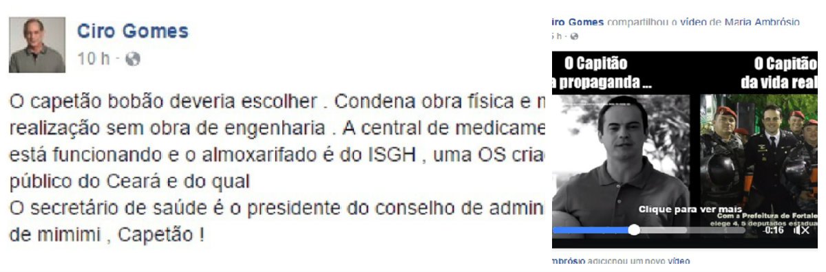 Mesmo após a justiça ter determinado que o Facebook apague mensagens do ex-ministro Ciro Gomes (PDT) classificando o candidato à Prefeitura de Fortaleza, Capitão Wagner (PR), de "bandido, demagogo e mentiroso", Ciro continua ativo na rede social, postando mensagens de campanha em que defende seu candidato à reeleição, o prefeito Roberto Cláudio (PDT), e ataca a candidatura do opositor. Na decisão que determina a retirada da postagem do Facebook, a justiça define também multa de R$ 5 mil à rede social para cada nova postagem de Ciro que ataque Wagner (Foto: Fatima 247) Mesmo após a justiça ter determinado que o Facebook apague mensagens do ex-ministro Ciro Gomes (PDT) classificando o candidato à Prefeitura de Fortaleza, Capitão Wagner (PR), de "bandido, demagogo e mentiroso", Ciro continua ativo na rede social, postando mensagens de campanha em que defende seu candidato à reeleição, o prefeito Roberto Cláudio (PDT), e ataca a candidatura do opositor. Na decisão que determina a retirada da postagem do Facebook, a justiça define também multa de R$ 5 mil à rede social para cada nova postagem de Ciro que ataque Wagner