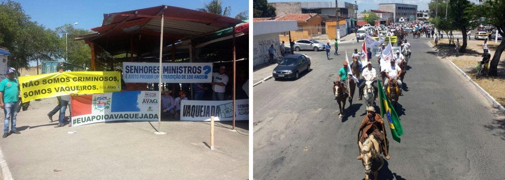Vaqueiros de várias regiões de Alagoas fizeram uma cavalgada, na manhã desta terça-feira (11), em Maceió, contra a proibição das vaquejadas, decidida pelo Supremo Tribunal Federal (STF); segundo a Associação Alagoana de Criadores de Quarto de Milha, a atividade gera 11 mil empregos diretos e movimenta R$ 5 milhões no Estado; de acordo com a entidade, a atividade ainda não está proibida, uma vez que o STF apenas considerou inconstitucional uma lei do Ceará (Foto: Voney Malta) Vaqueiros de várias regiões de Alagoas fizeram uma cavalgada, na manhã desta terça-feira (11), em Maceió, contra a proibição das vaquejadas, decidida pelo Supremo Tribunal Federal (STF); segundo a Associação Alagoana de Criadores de Quarto de Milha, a atividade gera 11 mil empregos diretos e movimenta R$ 5 milhões no Estado; de acordo com a entidade, a atividade ainda não está proibida, uma vez que o STF apenas considerou inconstitucional uma lei do Ceará